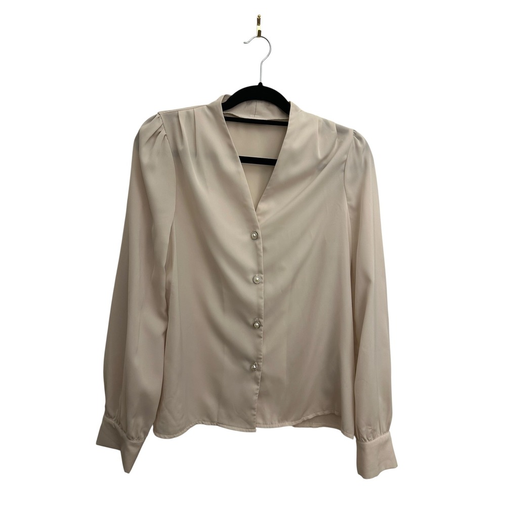 Unbranded Cream Satin V-Neck Blouse Faux Pearl Buttons Long Sleeve Pleated Top M